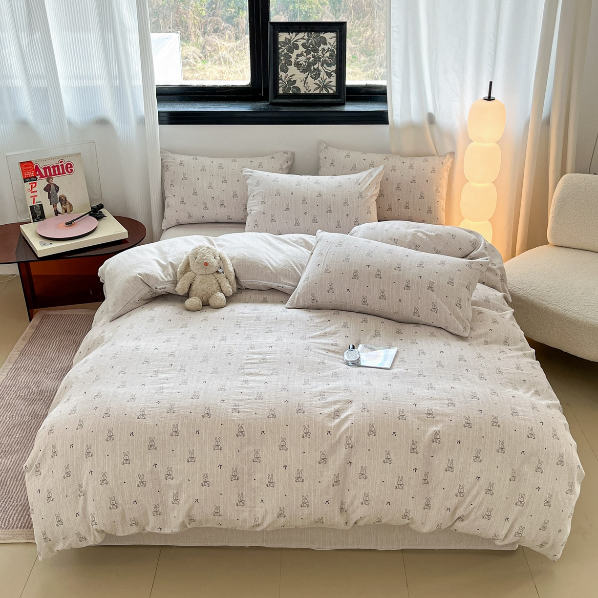 91家纺网 家纺一手货源 找家纺 蓝极人 2026新款色织水洗麻印花四件套 兔兔