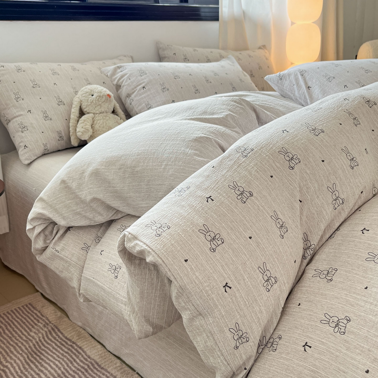 91家纺网 家纺一手货源 找家纺 蓝极人 2026新款色织水洗麻印花四件套 兔兔