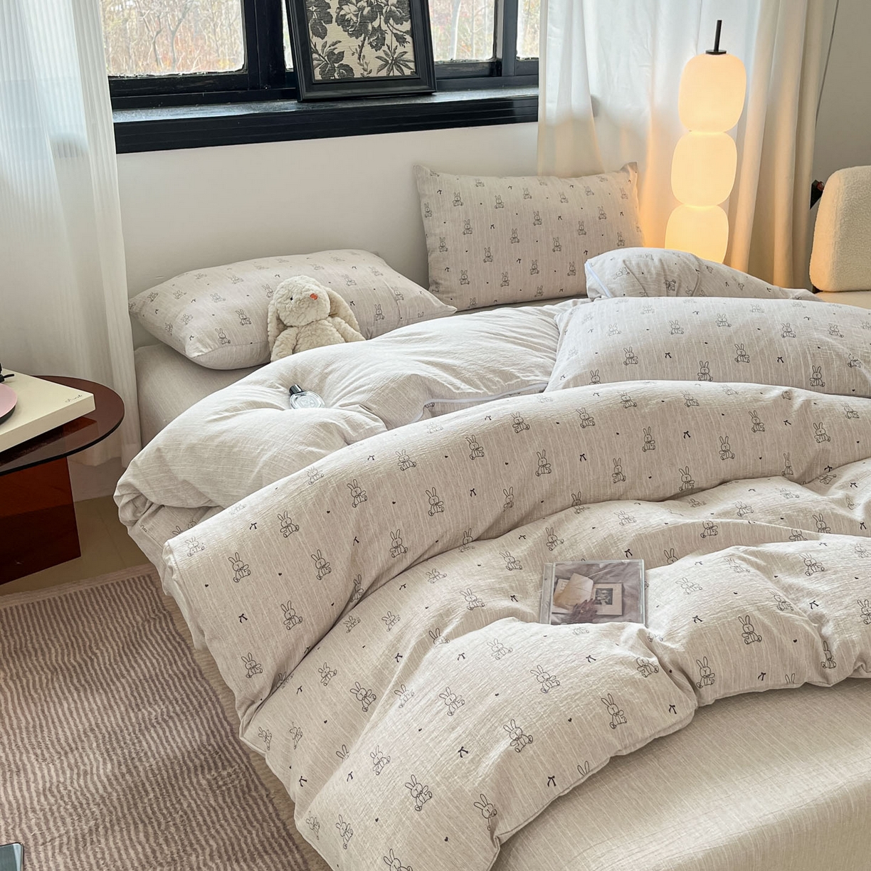 91家纺网 家纺一手货源 找家纺 蓝极人 2026新款色织水洗麻印花四件套 兔兔