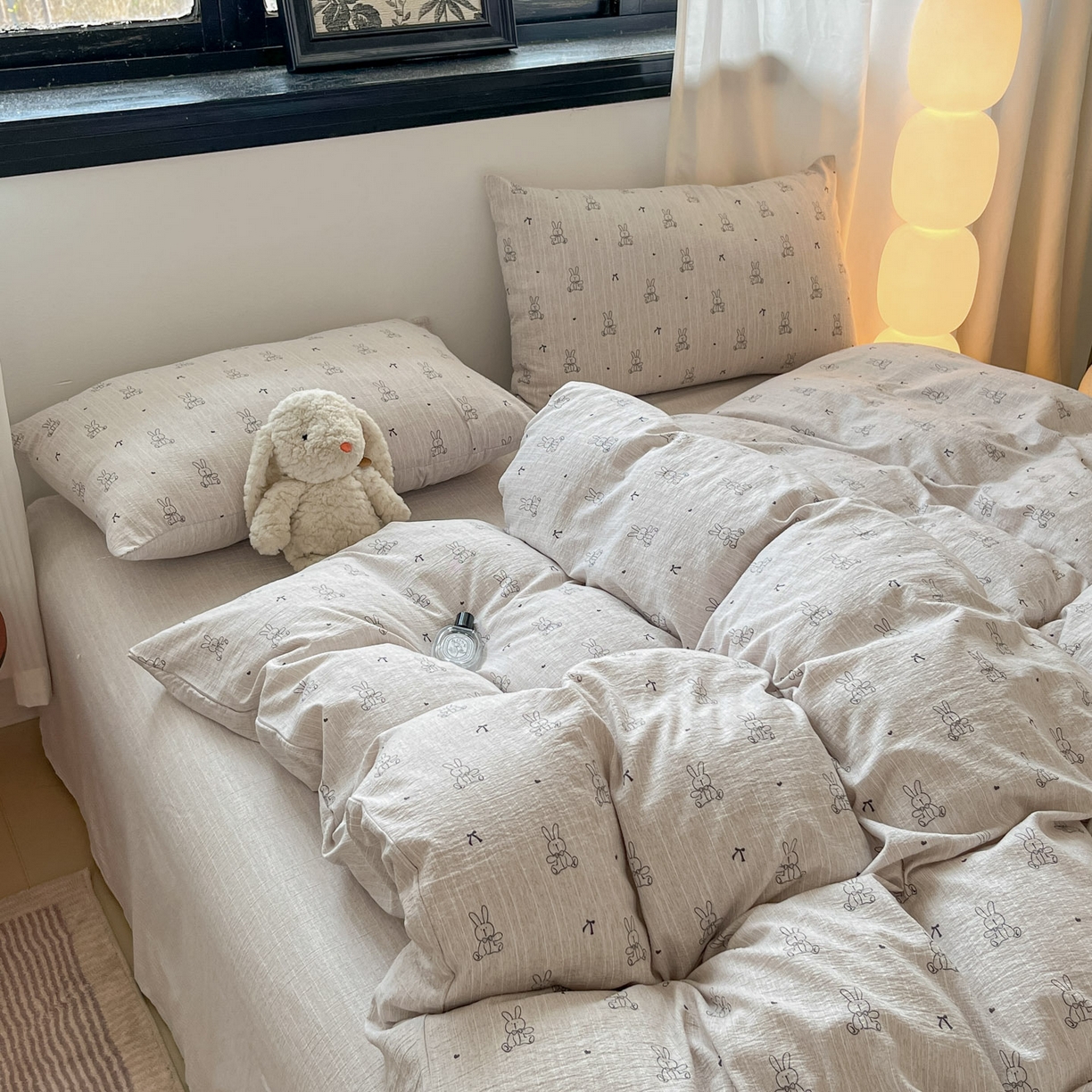 91家纺网 家纺一手货源 找家纺 蓝极人 2026新款色织水洗麻印花四件套 兔兔