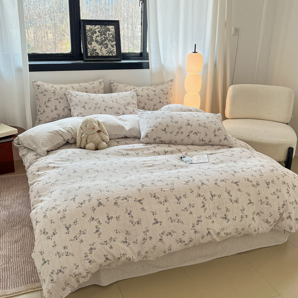 91家纺网 家纺一手货源 找家纺 蓝极人 2026新款色织水洗麻印花四件套 小兰花茶