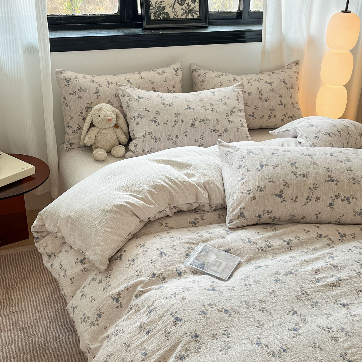 91家纺网 家纺一手货源 找家纺 蓝极人 2026新款色织水洗麻印花四件套 小兰花茶