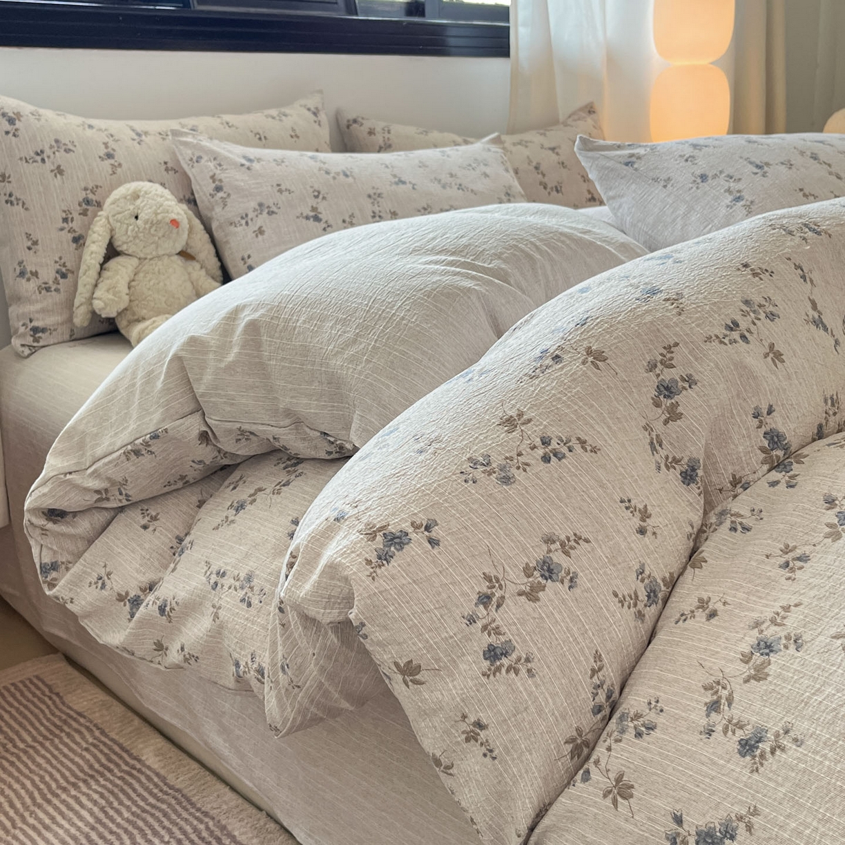 91家纺网 家纺一手货源 找家纺 蓝极人 2026新款色织水洗麻印花四件套 小兰花茶