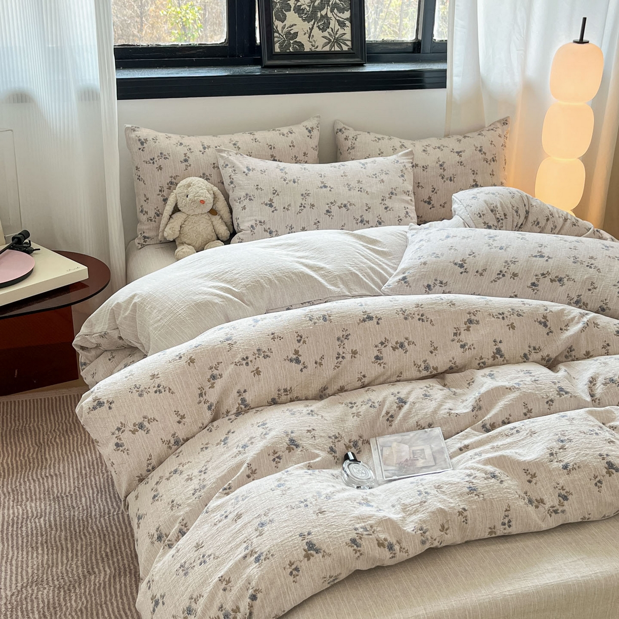 91家纺网 家纺一手货源 找家纺 蓝极人 2026新款色织水洗麻印花四件套 小兰花茶