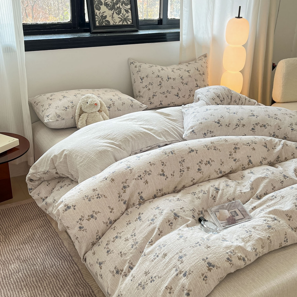 91家纺网 家纺一手货源 找家纺 蓝极人 2026新款色织水洗麻印花四件套 小兰花茶