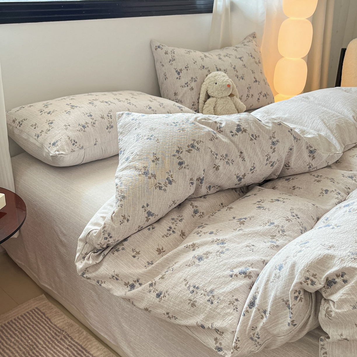 91家纺网 家纺一手货源 找家纺 蓝极人 2026新款色织水洗麻印花四件套 小兰花茶