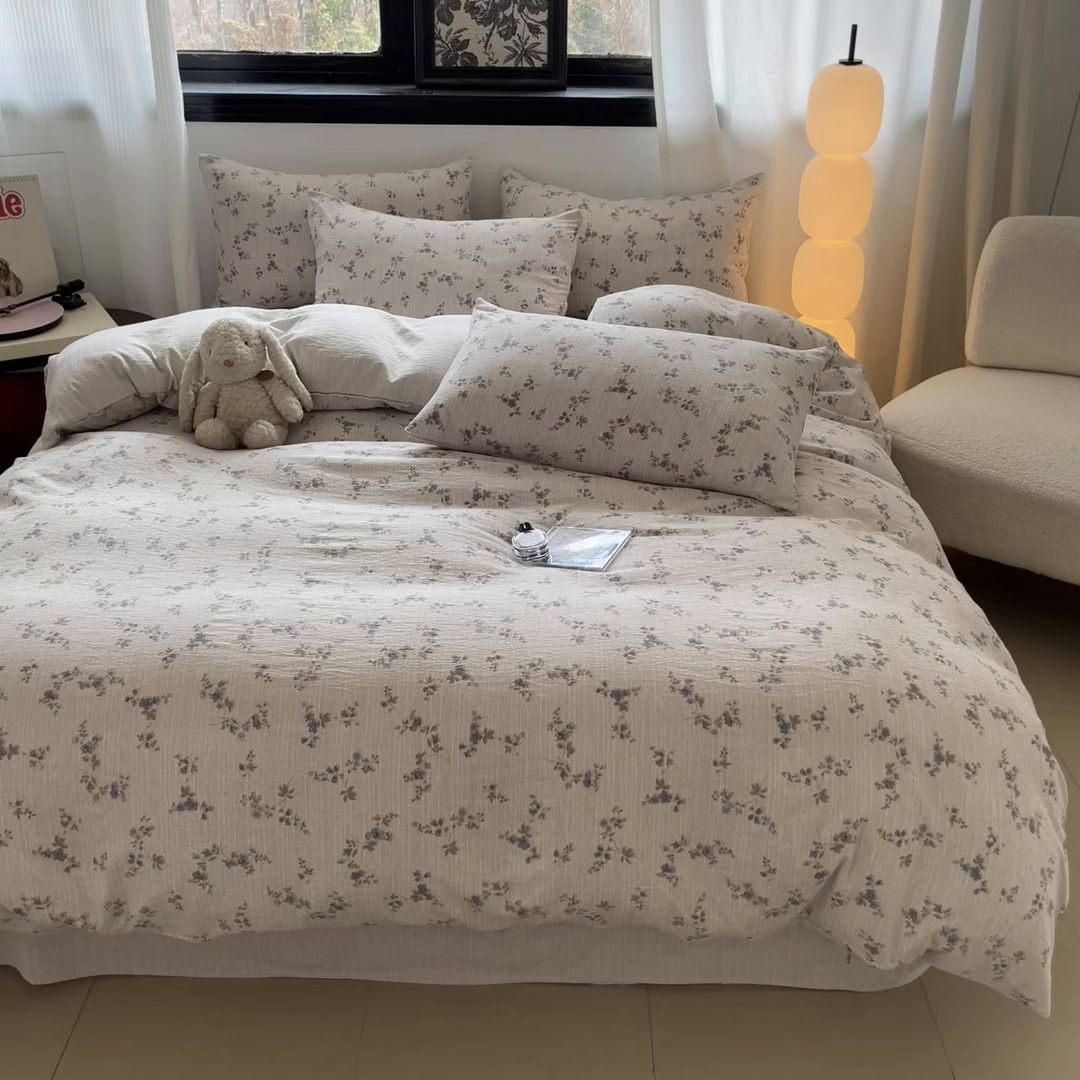 91家纺网 家纺一手货源 找家纺 蓝极人 2026新款色织水洗麻印花四件套 小兰花茶