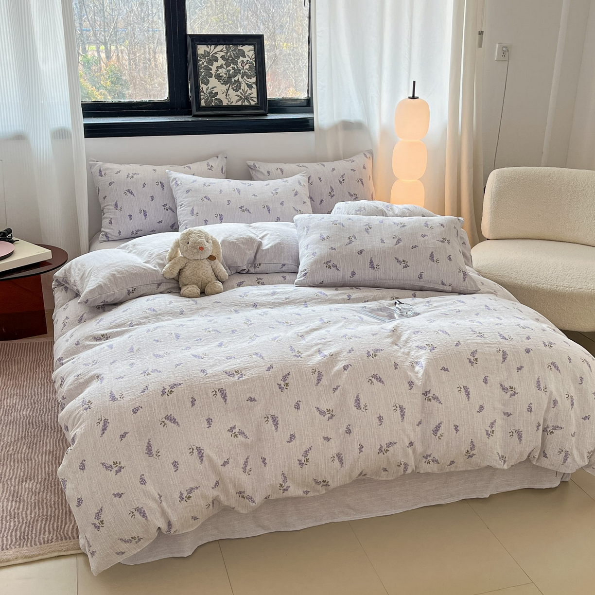 91家纺网 家纺一手货源 找家纺 蓝极人 2026新款色织水洗麻印花四件套 薰衣草紫