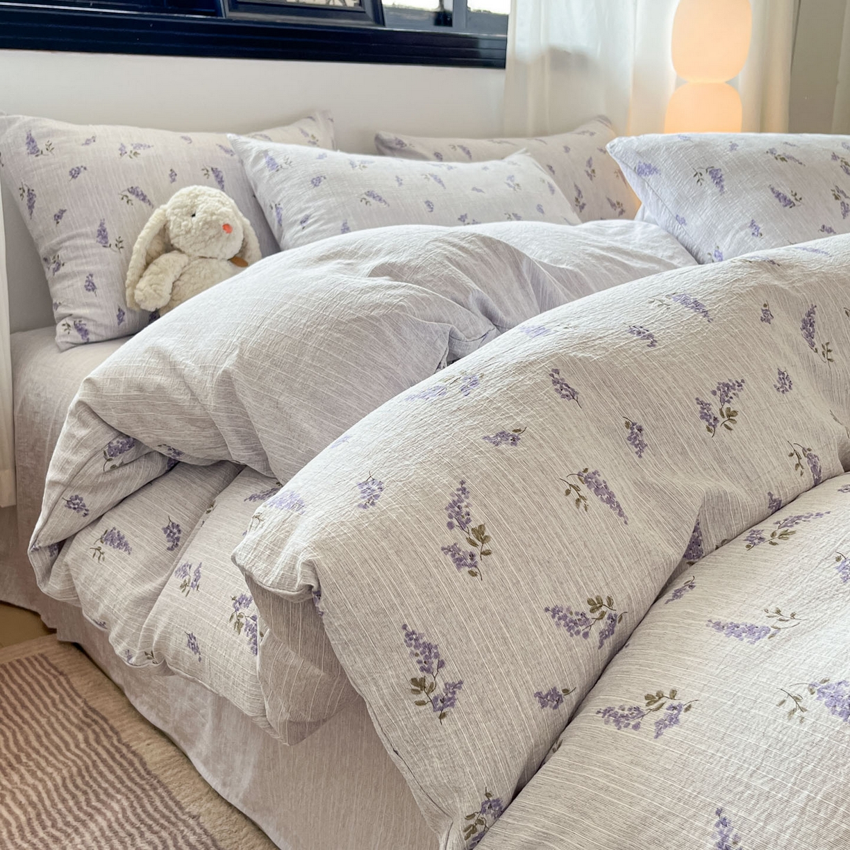 91家纺网 家纺一手货源 找家纺 蓝极人 2026新款色织水洗麻印花四件套 薰衣草紫