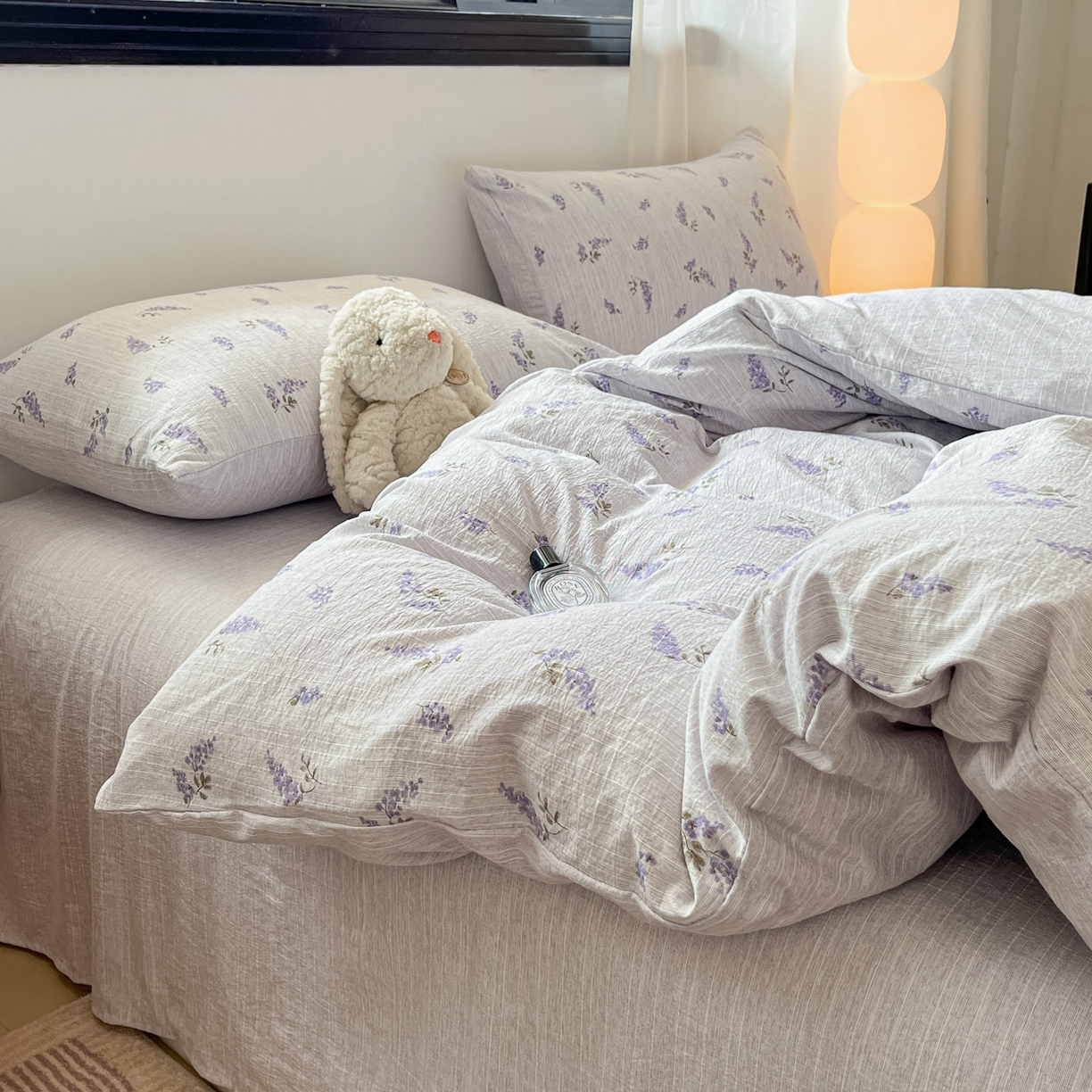 91家纺网 家纺一手货源 找家纺 蓝极人 2026新款色织水洗麻印花四件套 薰衣草紫