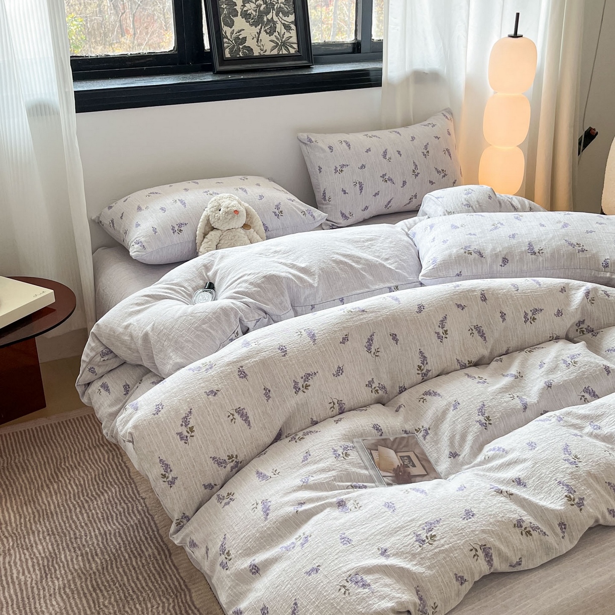 91家纺网 家纺一手货源 找家纺 蓝极人 2026新款色织水洗麻印花四件套 薰衣草紫