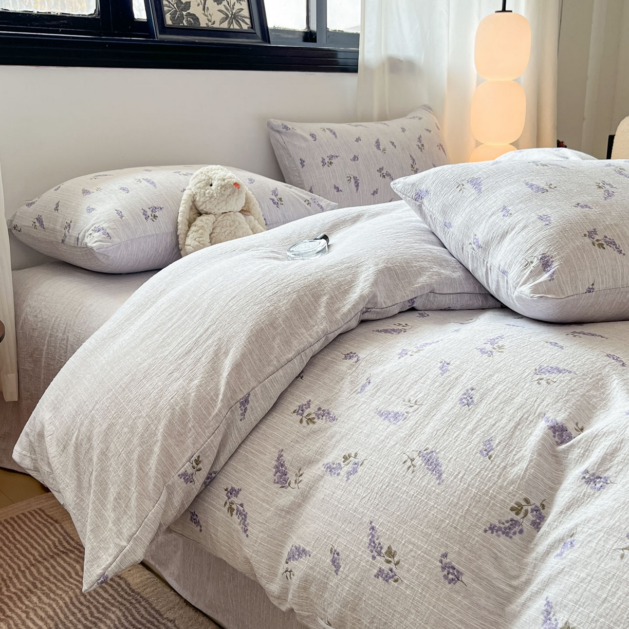 91家纺网 家纺一手货源 找家纺 蓝极人 2026新款色织水洗麻印花四件套 薰衣草紫