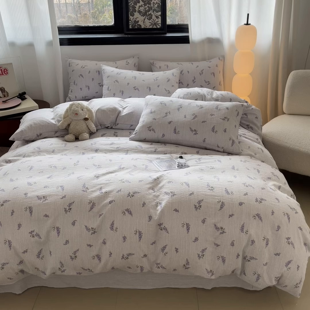 91家纺网 家纺一手货源 找家纺 蓝极人 2026新款色织水洗麻印花四件套 薰衣草紫