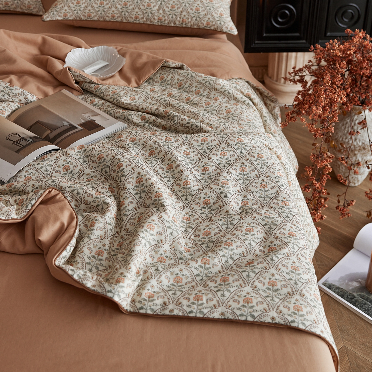 91家纺网 家纺一手货源 找家纺 丽笙被芯 2026新款全棉双层纱印花夏被夏凉被空调被 铃兰花语-米