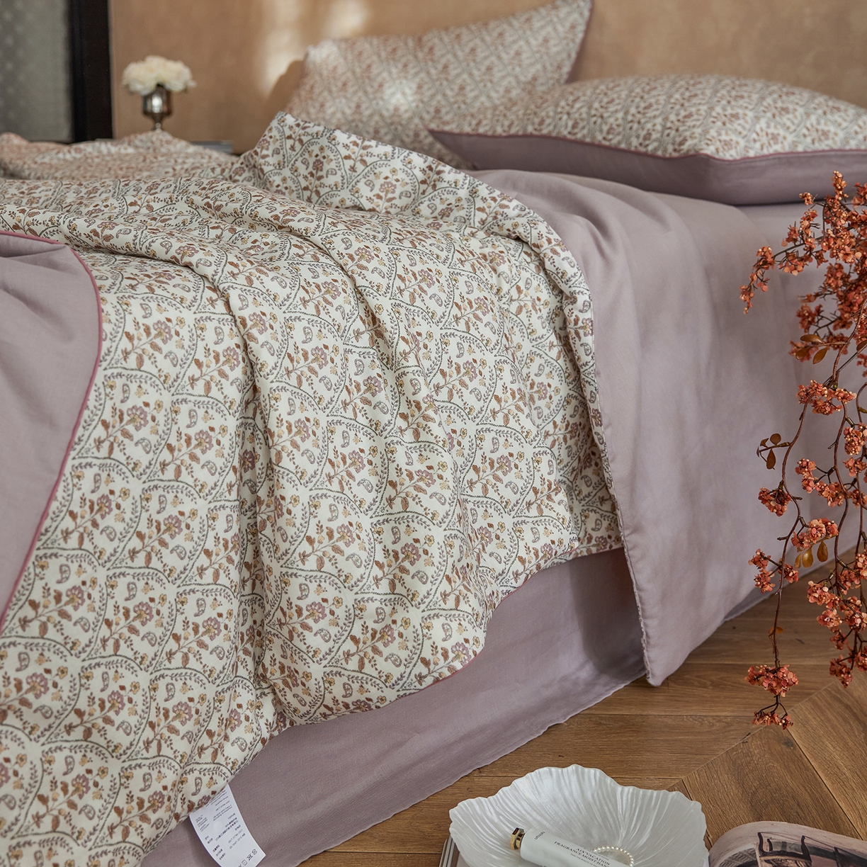 91家纺网 家纺一手货源 找家纺 丽笙被芯 2026新款全棉双层纱印花夏被夏凉被空调被 铃兰花语-紫