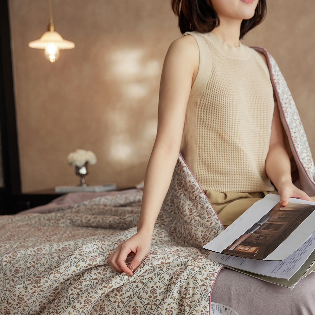 91家纺网 家纺一手货源 找家纺 丽笙被芯 2026新款全棉双层纱印花夏被夏凉被空调被 铃兰花语-紫