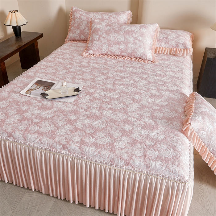 91家纺网 家纺一手货源 找家纺 诺梵家纺 2026新款PE冰豆豆冰丝凉席床裙款-玫瑰系列 红玫瑰