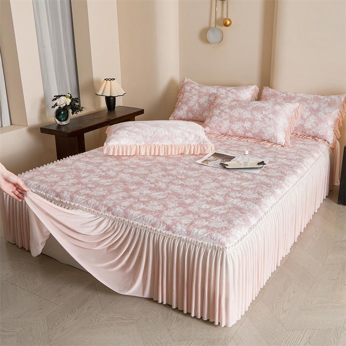 91家纺网 家纺一手货源 找家纺 诺梵家纺 2026新款PE冰豆豆冰丝凉席床裙款-玫瑰系列 红玫瑰