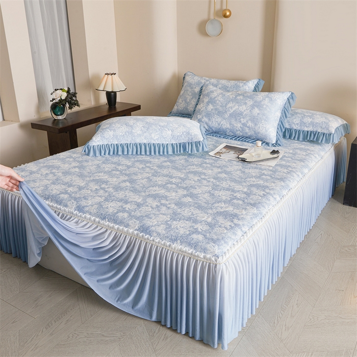 91家纺网 家纺一手货源 找家纺 诺梵家纺 2026新款PE冰豆豆冰丝凉席床裙款-玫瑰系列 蓝玫瑰