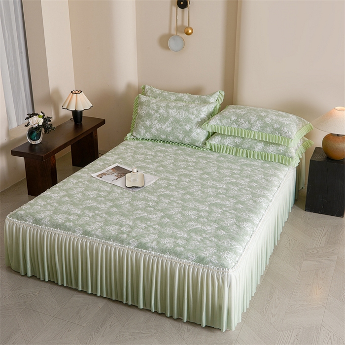 91家纺网 家纺一手货源 找家纺 诺梵家纺 2026新款PE冰豆豆冰丝凉席床裙款-玫瑰系列 绿玫瑰