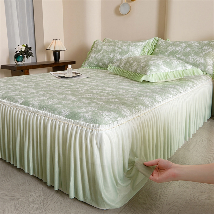 91家纺网 家纺一手货源 找家纺 诺梵家纺 2026新款PE冰豆豆冰丝凉席床裙款-玫瑰系列 绿玫瑰