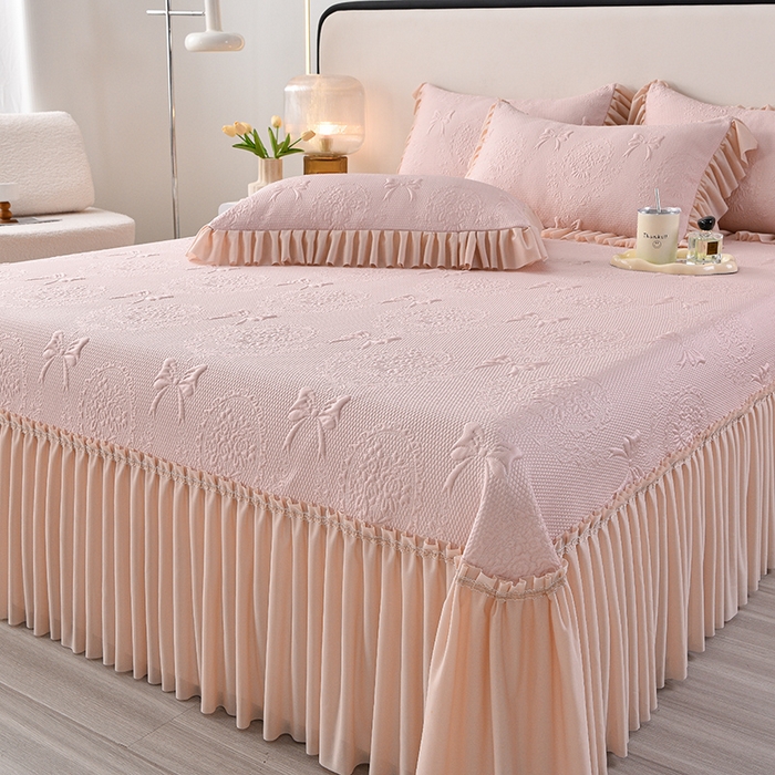 诺梵家纺 2026新款 pe 乙纶立体提花凉豆豆席凉席床裙款【控价1.5米119 ；1.8米129；2.0米139】花蝶相拥-粉