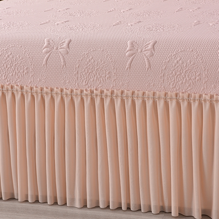 91家纺网 家纺一手货源 找家纺 诺梵家纺 2026新款 pe 乙纶立体提花凉豆豆席凉席床裙款【控价1.5米119 ；1.8米129；2.0米139】花蝶相拥-粉