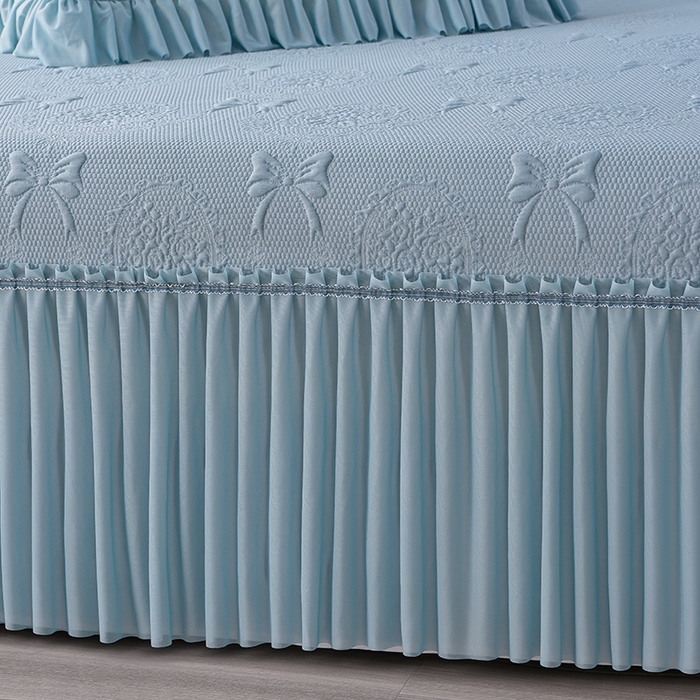 91家纺网 家纺一手货源 找家纺 诺梵家纺 2026新款 pe 乙纶立体提花凉豆豆席凉席床裙款【控价1.5米119 ；1.8米129；2.0米139】花蝶相拥-蓝