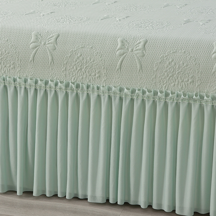 91家纺网 家纺一手货源 找家纺 诺梵家纺 2026新款 pe 乙纶立体提花凉豆豆席凉席床裙款【控价1.5米119 ；1.8米129；2.0米139】花蝶相拥-绿