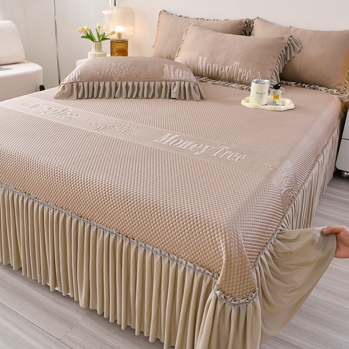 91家纺网 家纺一手货源 找家纺 诺梵家纺 2026新款 pe 乙纶立体提花凉豆豆席凉席床裙款【控价1.5米119 ；1.8米129；2.0米139】金钱树深咖