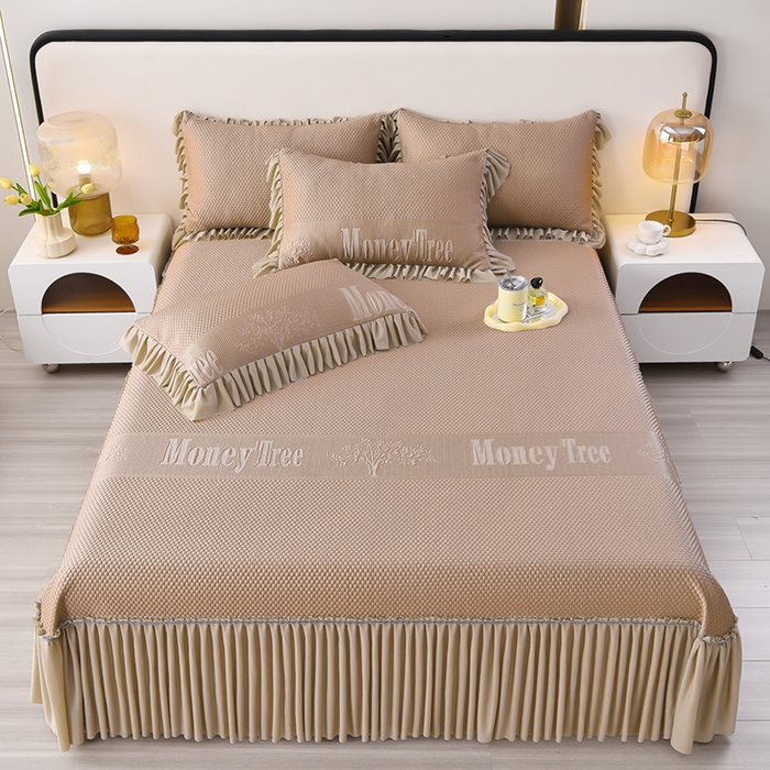 91家纺网 家纺一手货源 找家纺 诺梵家纺 2026新款 pe 乙纶立体提花凉豆豆席凉席床裙款【控价1.5米119 ；1.8米129；2.0米139】金钱树深咖