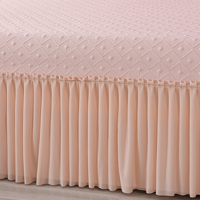 91家纺网 家纺一手货源 找家纺 诺梵家纺 2026新款 pe 乙纶立体提花凉豆豆席凉席床裙款【控价1.5米119 ；1.8米129；2.0米139】时尚空间-粉