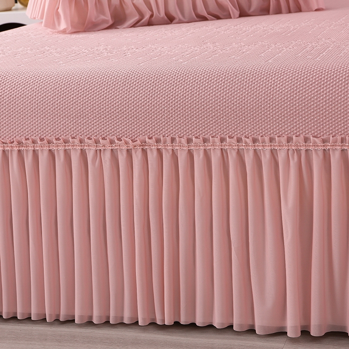 91家纺网 家纺一手货源 找家纺 诺梵家纺 2026新款 pe 乙纶立体提花凉豆豆席凉席床裙款【控价1.5米119 ；1.8米129；2.0米139】幸运草-粉