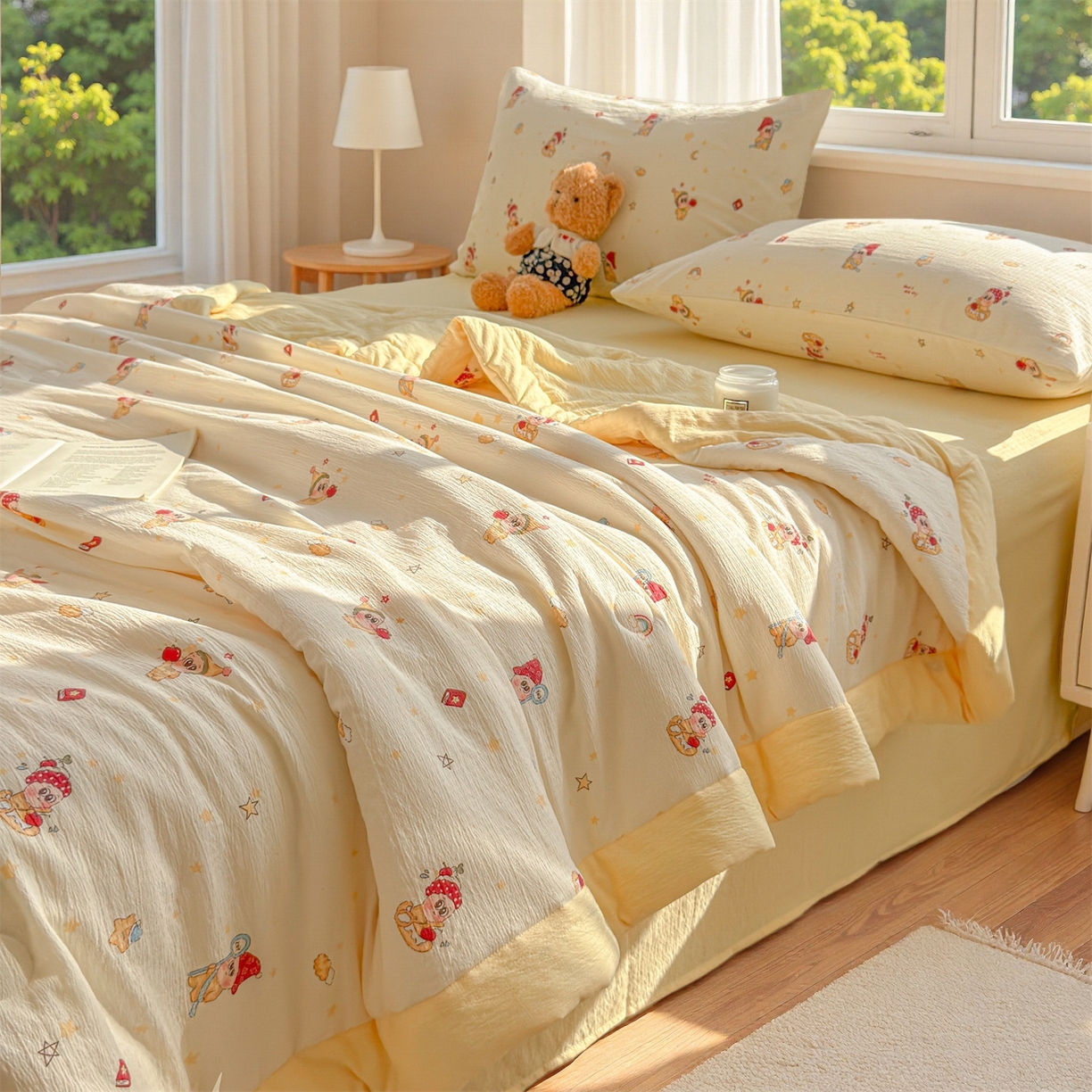 91家纺网 家纺一手货源 找家纺 晓时候 2026双层纱印花夏被四件套新疆棉花被可机洗夏凉被空调被夏季被子 萌萌星星人