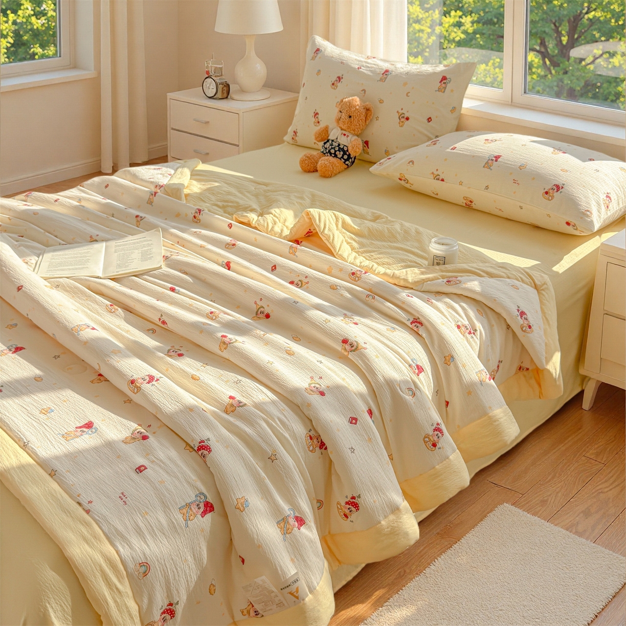 91家纺网 家纺一手货源 找家纺 晓时候 2026双层纱印花夏被四件套新疆棉花被可机洗夏凉被空调被夏季被子 萌萌星星人