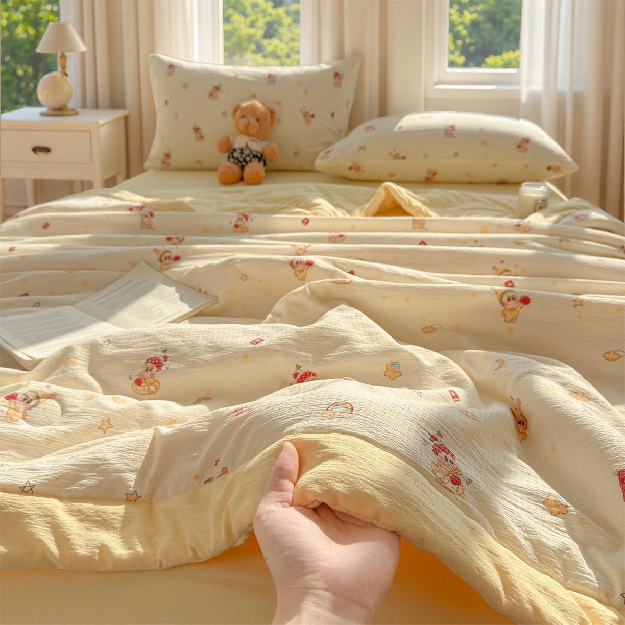 91家纺网 家纺一手货源 找家纺 晓时候 2026双层纱印花夏被四件套新疆棉花被可机洗夏凉被空调被夏季被子 萌萌星星人