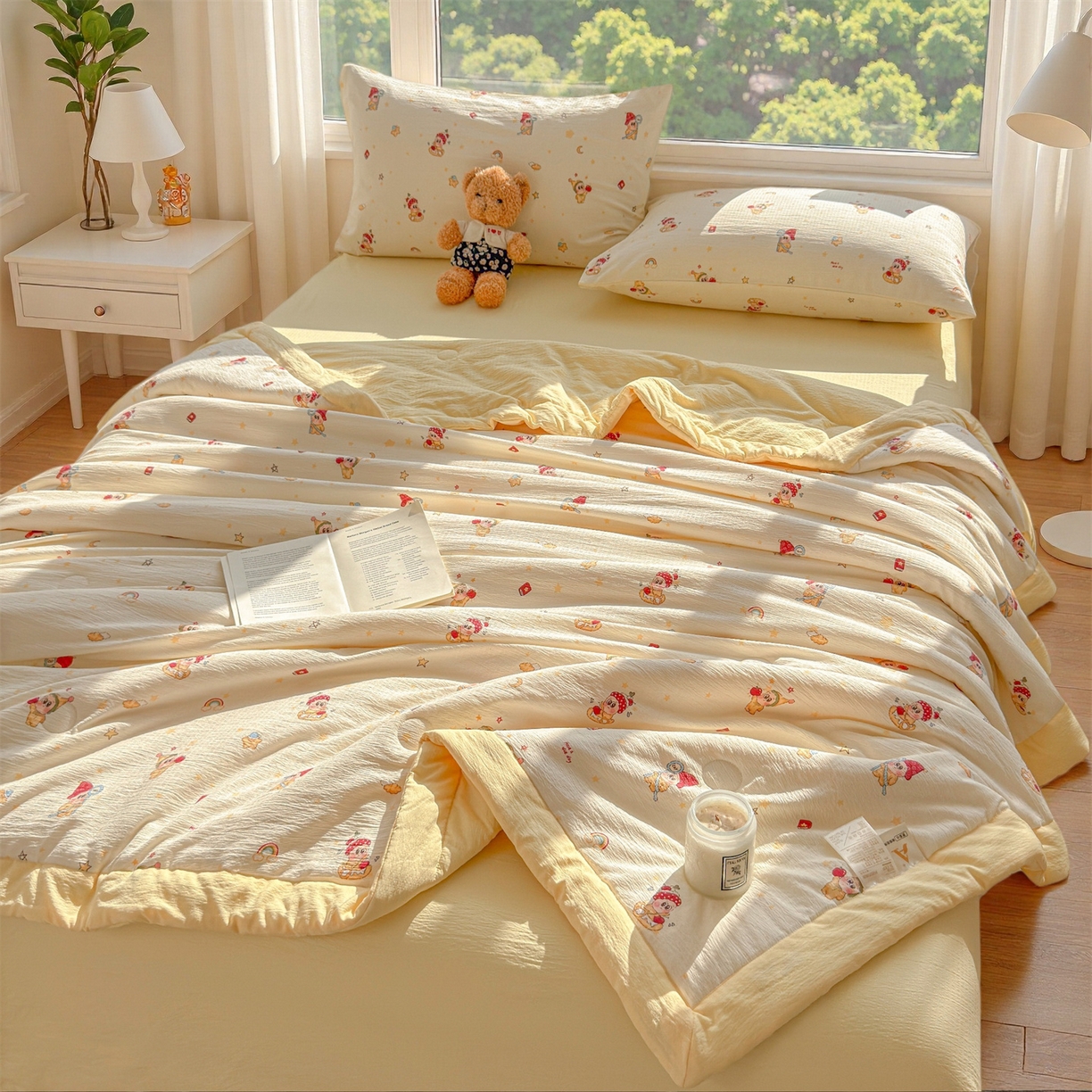 91家纺网 家纺一手货源 找家纺 晓时候 2026双层纱印花夏被四件套新疆棉花被可机洗夏凉被空调被夏季被子 萌萌星星人