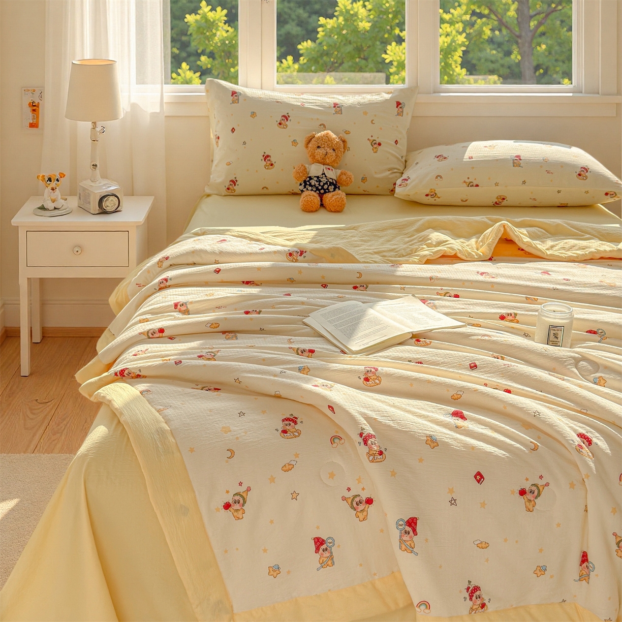 91家纺网 家纺一手货源 找家纺 晓时候 2026双层纱印花夏被四件套新疆棉花被可机洗夏凉被空调被夏季被子 萌萌星星人