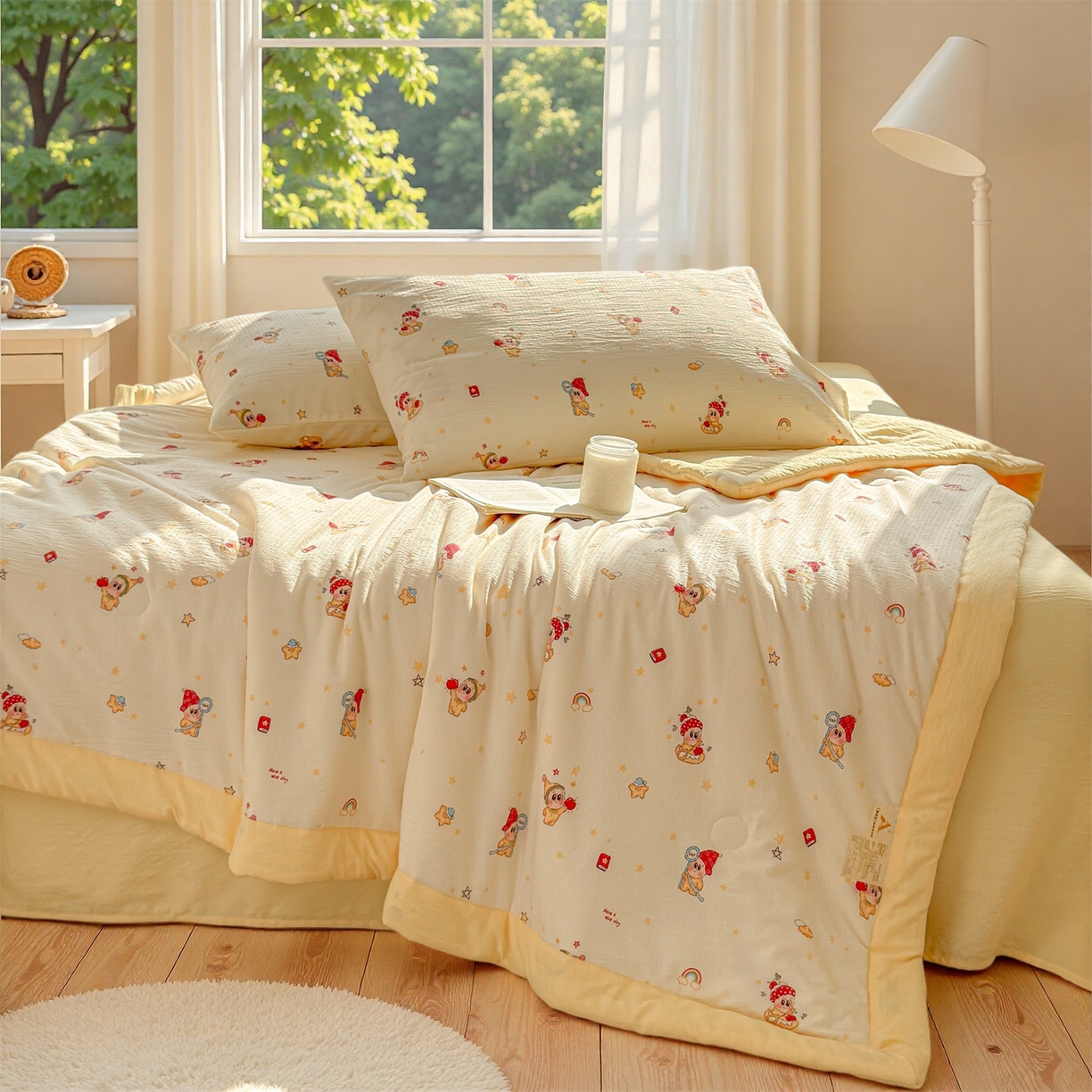 91家纺网 家纺一手货源 找家纺 晓时候 2026双层纱印花夏被四件套新疆棉花被可机洗夏凉被空调被夏季被子 萌萌星星人