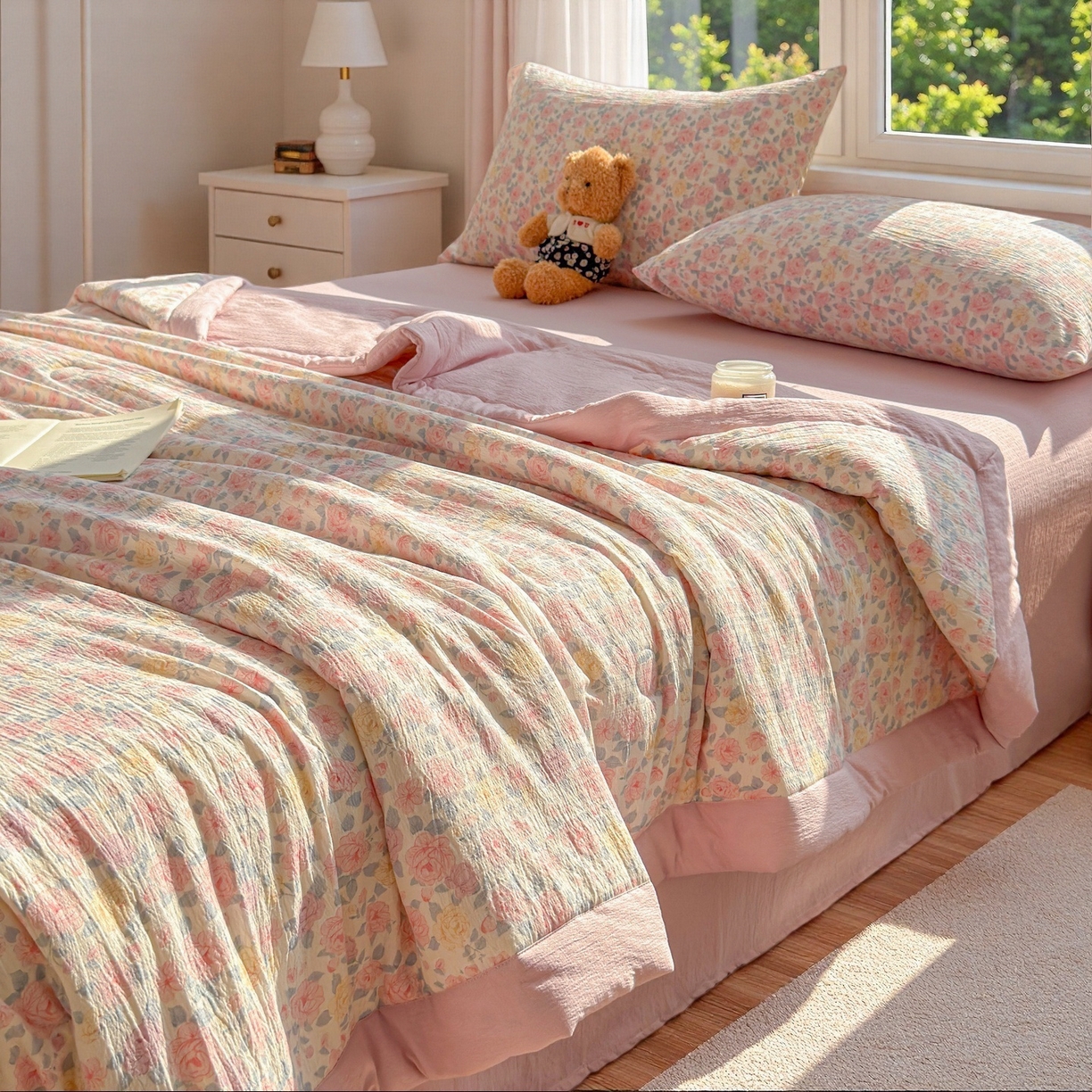 91家纺网 家纺一手货源 找家纺 晓时候 2026双层纱印花夏被四件套新疆棉花被可机洗夏凉被空调被夏季被子 繁花