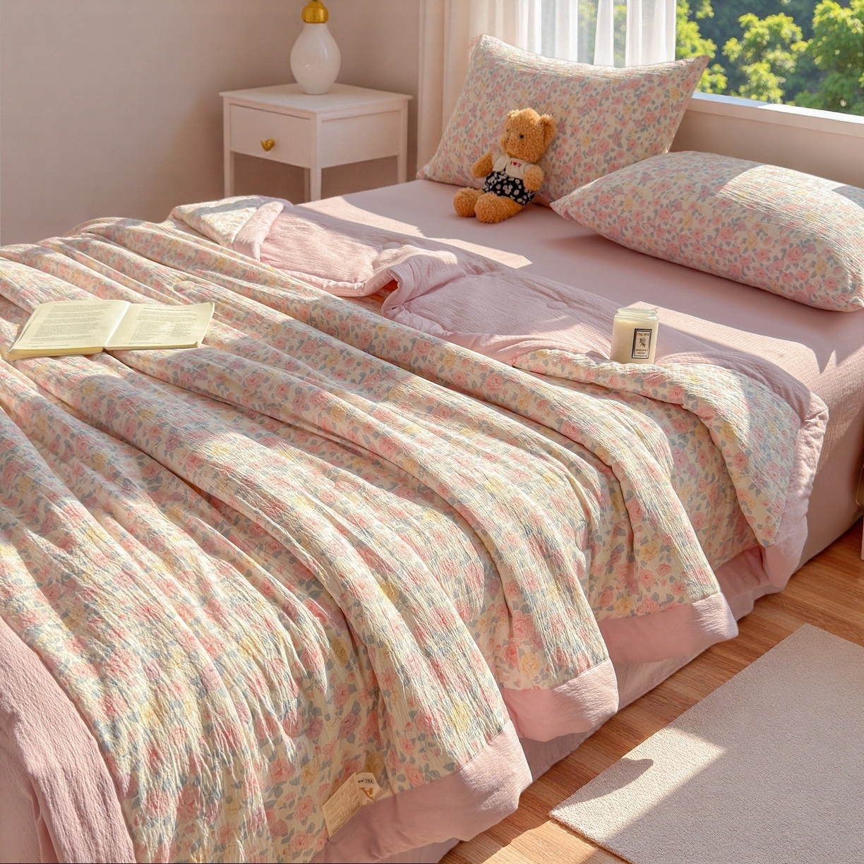 91家纺网 家纺一手货源 找家纺 晓时候 2026双层纱印花夏被四件套新疆棉花被可机洗夏凉被空调被夏季被子 繁花