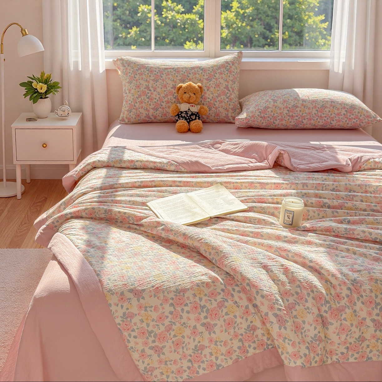 91家纺网 家纺一手货源 找家纺 晓时候 2026双层纱印花夏被四件套新疆棉花被可机洗夏凉被空调被夏季被子 繁花