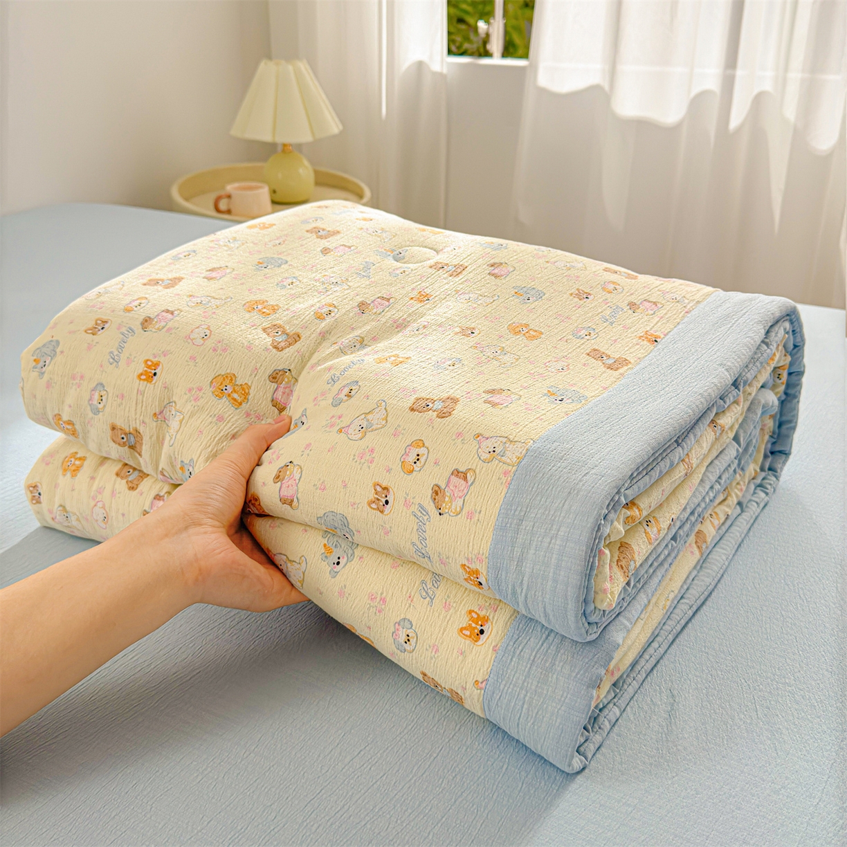 91家纺网 家纺一手货源 找家纺 晓时候 2026双层纱印花夏被四件套新疆棉花被可机洗夏凉被空调被夏季被子 奶芙狗