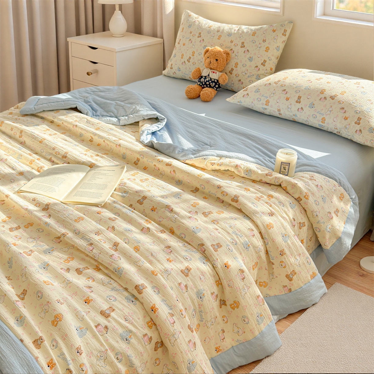 91家纺网 家纺一手货源 找家纺 晓时候 2026双层纱印花夏被四件套新疆棉花被可机洗夏凉被空调被夏季被子 奶芙狗