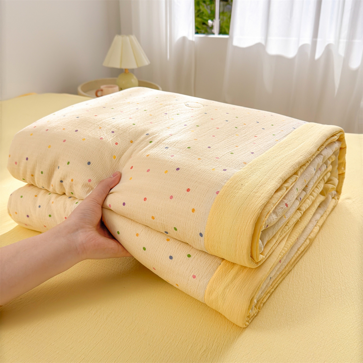 91家纺网 家纺一手货源 找家纺 晓时候 2026双层纱印花夏被四件套新疆棉花被可机洗夏凉被空调被夏季被子 多彩波点