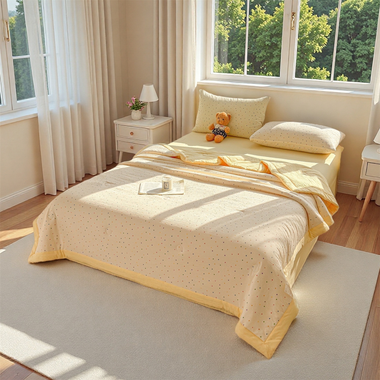 91家纺网 家纺一手货源 找家纺 晓时候 2026双层纱印花夏被四件套新疆棉花被可机洗夏凉被空调被夏季被子 多彩波点