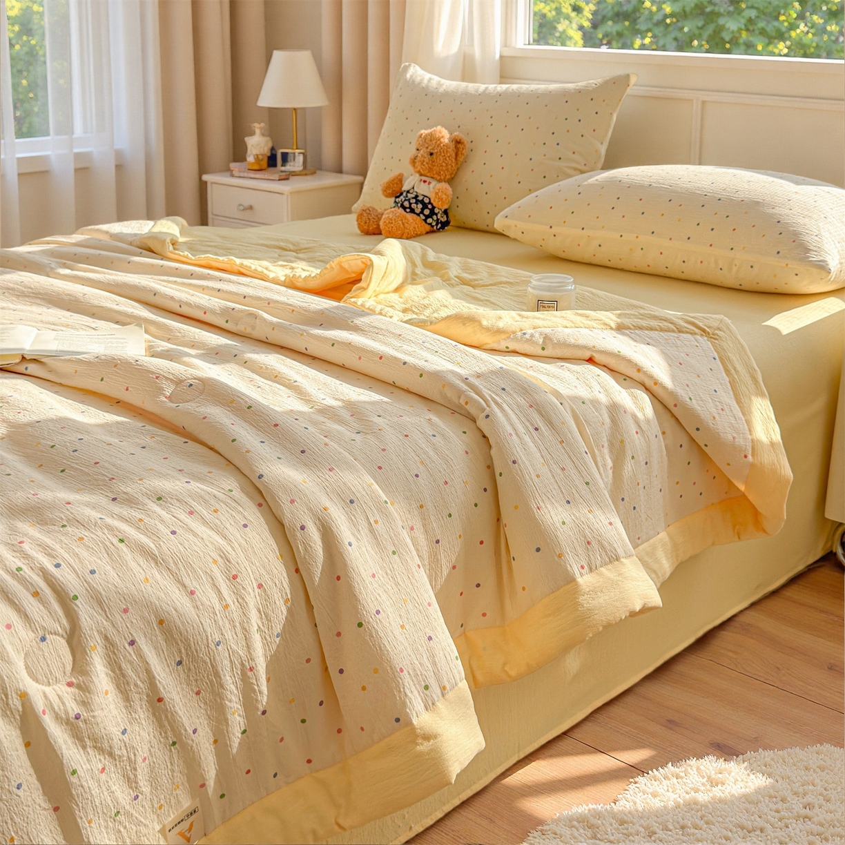 91家纺网 家纺一手货源 找家纺 晓时候 2026双层纱印花夏被四件套新疆棉花被可机洗夏凉被空调被夏季被子 多彩波点