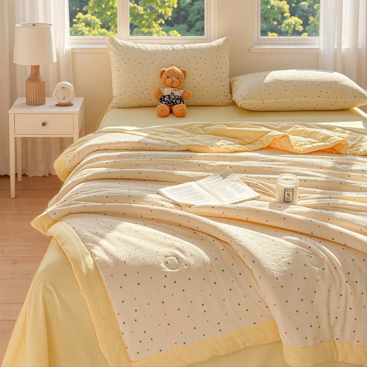 91家纺网 家纺一手货源 找家纺 晓时候 2026双层纱印花夏被四件套新疆棉花被可机洗夏凉被空调被夏季被子 多彩波点