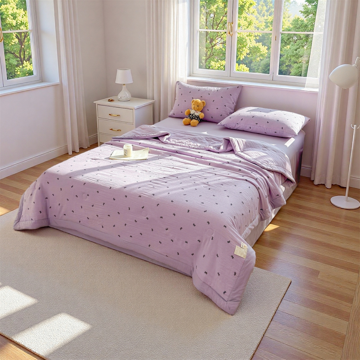 91家纺网 家纺一手货源 找家纺 晓时候 2026双层纱印花夏被四件套新疆棉花被可机洗夏凉被空调被夏季被子 蝴蝶结-紫