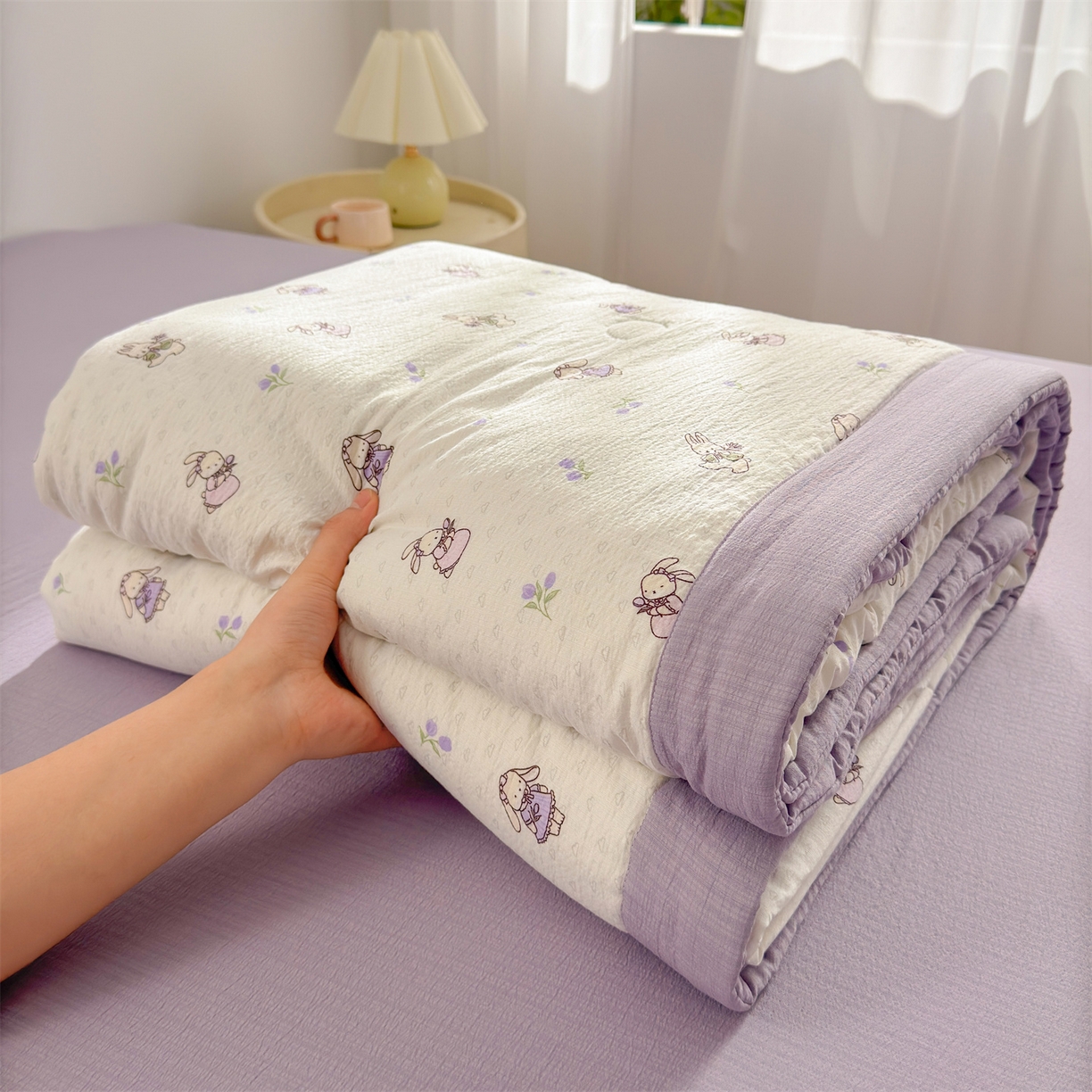 91家纺网 家纺一手货源 找家纺 晓时候 2026双层纱印花夏被四件套新疆棉花被可机洗夏凉被空调被夏季被子 花间兔